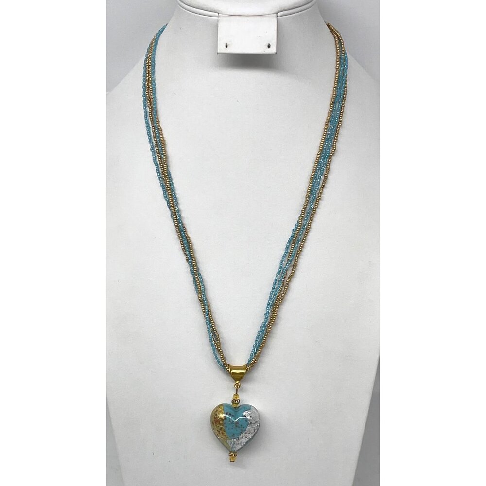 Venetian Glass Heart Pendant Necklace Gold Blue Clear Beaded 24”  Lobster Clasp